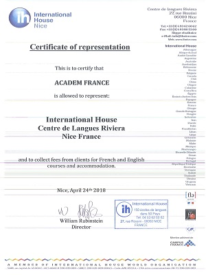 сертификат языковой школы IH Nice - International House Nice